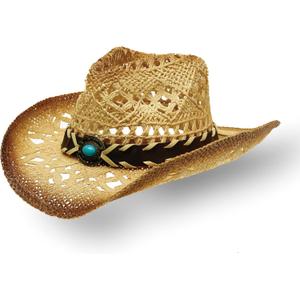 YOUBADU Western Straw Cowboy and Cowgirl Hats with Decorative Bands - Unisex Wide Brim Raffia Style Sun Hat