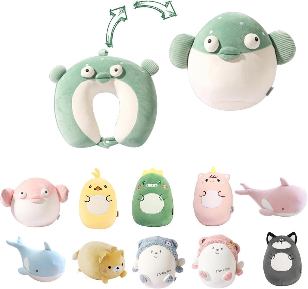 Kids Travel Pillow 2-in-1 Malleable Neck Pillow, Soft U-Shaped Pillow with Cute Plush Toys, Cosy Sleeping and Play Companion for Airplanes, Cars and Travel - Green Fish