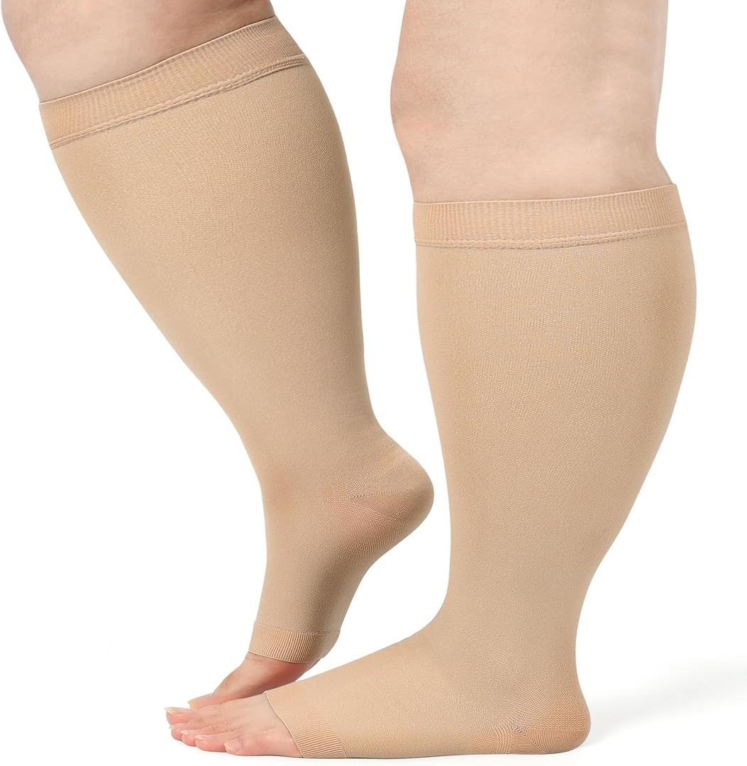 AKSO MEDICOS Plus Size Compression Socks  20-30 mmhg Wide Calf Open Toe Compression Support Stocking for Improve Circulation Varicose Veins Swelling Edema Open-toe Beige XXL