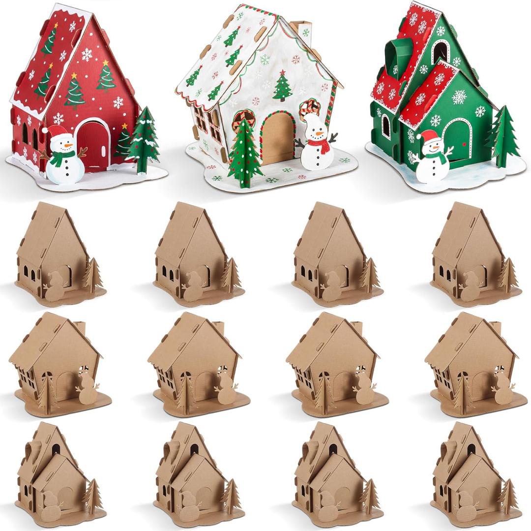 Harloon 12 Sets Christmas Gingerbread House Kit Kids Cardboard Coloring House Christmas Holiday Craft Cardboard Gingerbread Decorations for Xmas Party DIY Craft Supplies