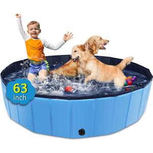 Foldable Dog Pool, 63" x 12" Kiddie Pool with Hard Plastic, Non-Slip Dog Bath Tub for Outdoor Backyard, Collapsible Dog Swimming Pool for Kids Dogs Pets (Blue)