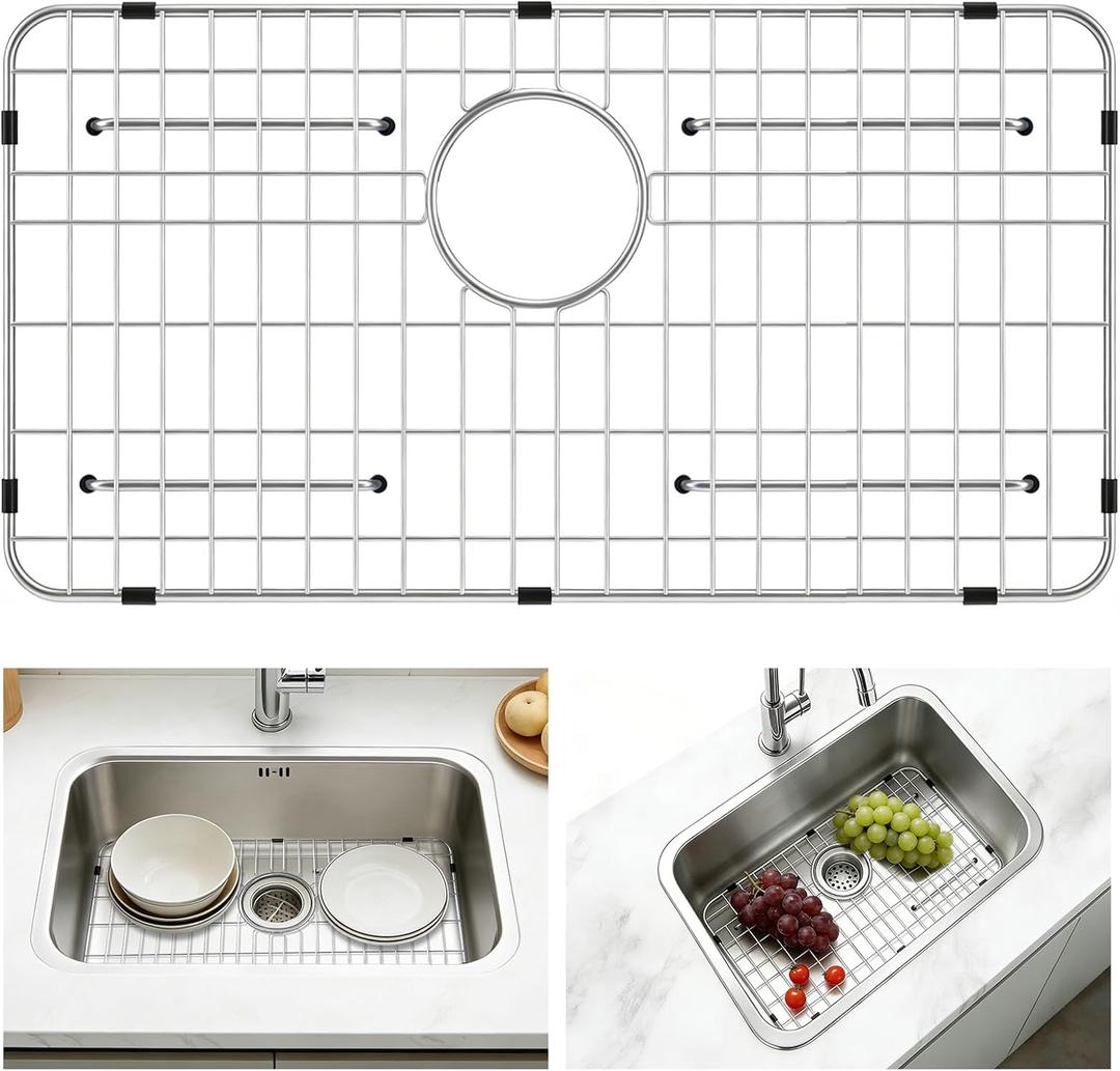GUUKIN Sink Protectors for Kitchen Sink, 26" x 14" Stainless Steel Sink Protector with Rear Drain Hole, Sink Rack with Extra Replacement White Rubber Feet