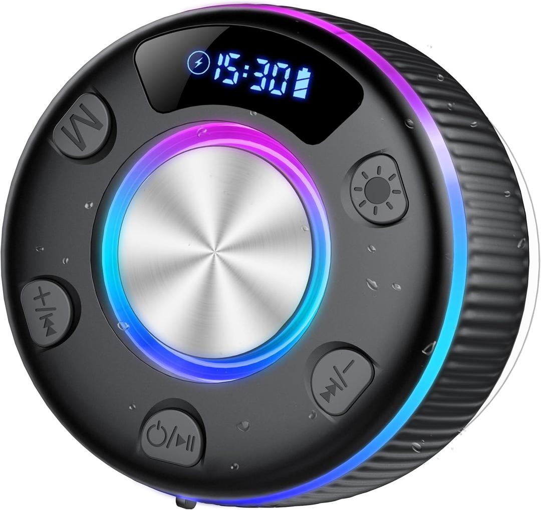 Bluetooth Shower Speaker, Portable Bluetooth 5.3 Speakers Wireless with Time Display, IP7 Waterproof Speakers with RGB Light, Suction Cup, Mini Stereo Speaker for Bathroom Party Beach Outdoor Gifts (Dark black)