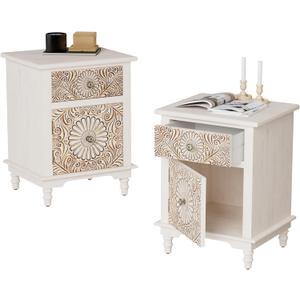 COSIEST Bedside Table Set of 2, Wood Nightstand, Farmhouse End Table with Storage, Nightstand with Drawers for Bedroom, Living Room
