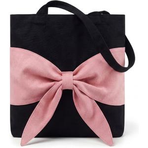 3 x Amylove Coquette Pink Bow Canvas Tote Bag for Women Preppy Aesthetic 3D Bow Bag for Teen Reusable for Work Travel Gift