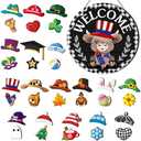 35 Pcs Holiday Interchangeable Highland Cow Welcome Sign Highland Cow Seasonal Wooden Hanging Door Decor Patriotic Farmhouse Hanging Sign for Front Door Graduation Party Decoration