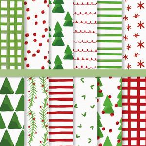 JarThenaAMCS 24 Sheets Christmas Pattern Paper Watercolor Xmas Tree Stripe Scrapbook Specialty Paper Double Sided Red Green Art Papers for DIY Crafts Supplies, 6 x 6 Inch
