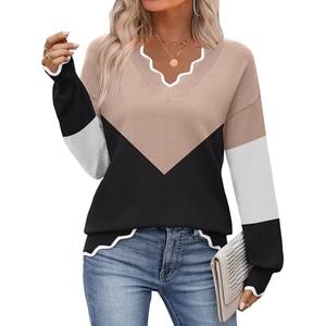 Zeagoo Womens Sweaters Dressy Casual 2025 Fall Color Block Tops Long Sleeve V Neck Cute Knit Sweaters Fall Outfits