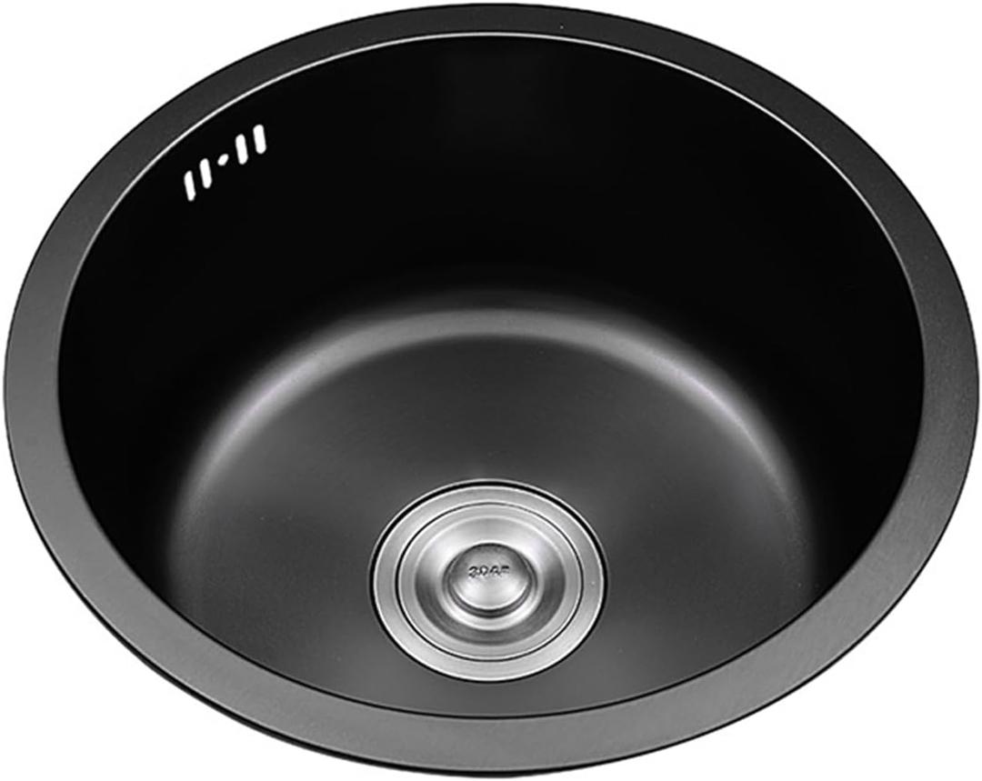 Black Round RV Sink 14 Inch Undermount Kitchen Single Bowl Sink, SUS304 Stainless Steel Bar Counter Small Sinks With Accessories (Black, 14.2x14.2in)