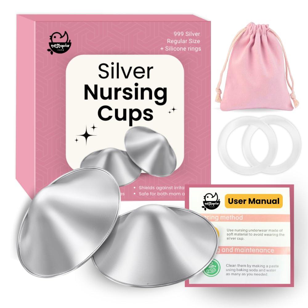 The Original Nestopia Silver Nursing Cups - Nipple Shields for Breastfeeding Newborn - Protect and Soothe Nipples - 999 Silver - Regular Size