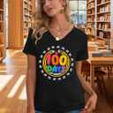100 Days of School Shirt Teacher Happy 100th Day of School Graphic T-Shirt Casual V Neck Short Sleeve Tee Tops (Black, S)