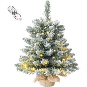 20Inch Pre-lit Artificial Small Mini Christmas Tree with Warm White Multi-Color LED Lights, Remote Control and Timer, Perfect for Xmas Tabletop Decorations, Home, Kitchen, Dining Table top Snow (1ft 8in)