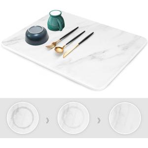 Stone Drying Mat for Kitchen Counter, Super Absorbent, Heat Resistant Dish Drying Mats, Eco-Friendly Diatomaceous Earth Stone Rack Tableware Mat (15.7x11.8 inch, Whtie Marble)