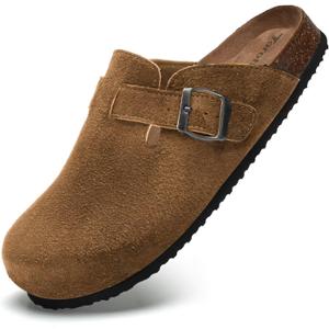 Torotto Womens Clogs Cork Footbed Suede Slippers Arch Support Potato Shoes with Adjustable Buckle (Brown)