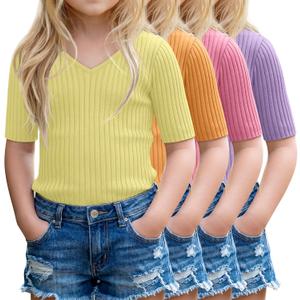 4 Pack Girls Half Sleeve Tops V Neck Slim Fit Ribbed Knit Shirts Short Sleeve Basic Casual Solid Summer Tees
