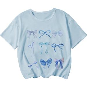 Girl's Bow Graphic Tees Crew Neck Short Sleeve Summer T Shirts Preppy Cute Clothes for Girls (Blue)