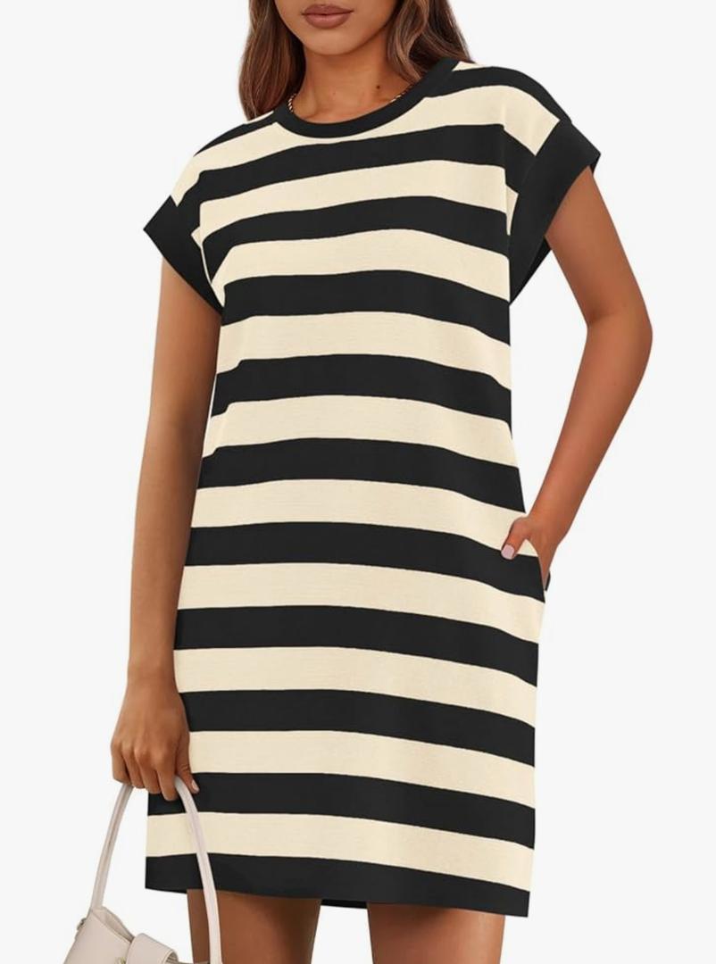 BTFBM Casual Dresses for Women 2025 Summer Striped Tshirt Short Dress Loose Cap Sleeve Beach Vacation Clothes Pockets M