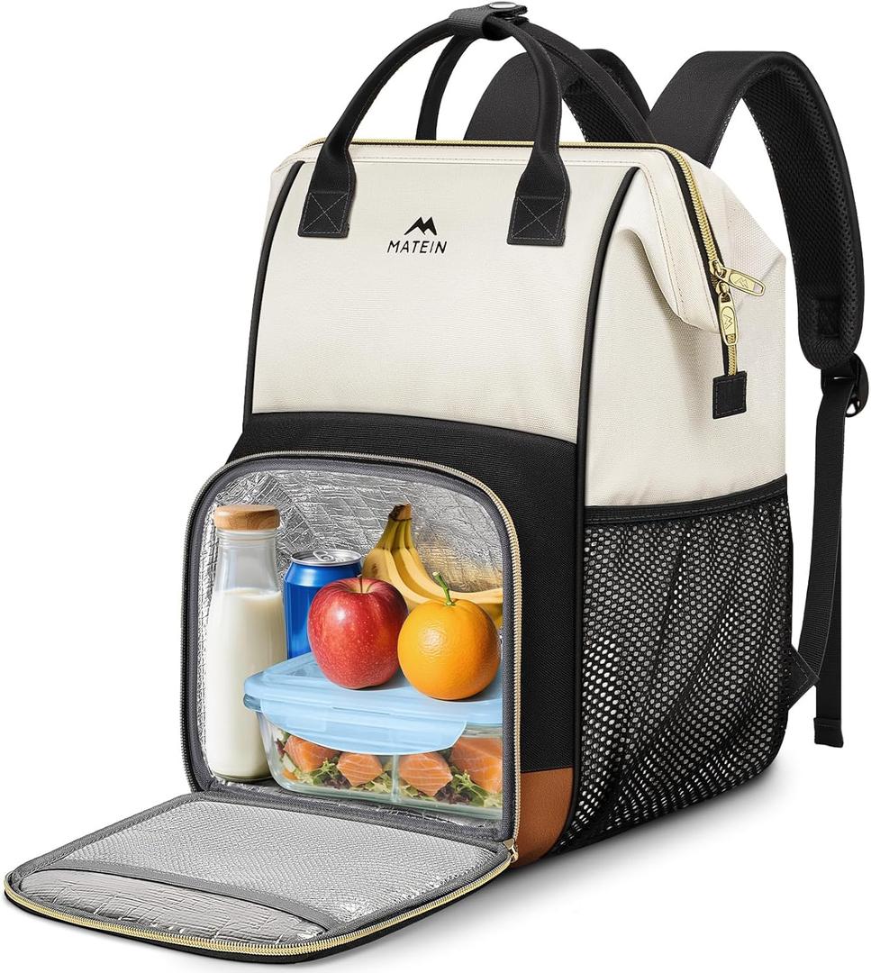 MATEIN Insulated Lunch Backpack for Women, 15.6 Inch Work Laptop Backpack with Lunch Compartment, Water-Resistant College Computer Backpacks Meal Prep Lunch Bag Gifts for Nurse Teacher Office Picnic (Black White Brown)