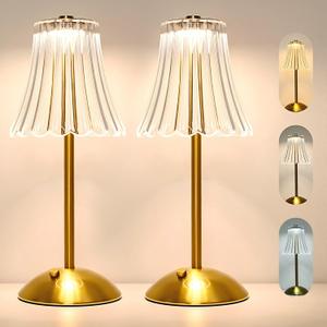 Cordless LED Touch Lamp with Crystal Acrylic Shade, USB Rechargeable, 3-Color Temperature, Dimmable Table Light, Portable Modern Industrial Style Lighting for Bedroom, Office, Patio & Gift Use (Gold)