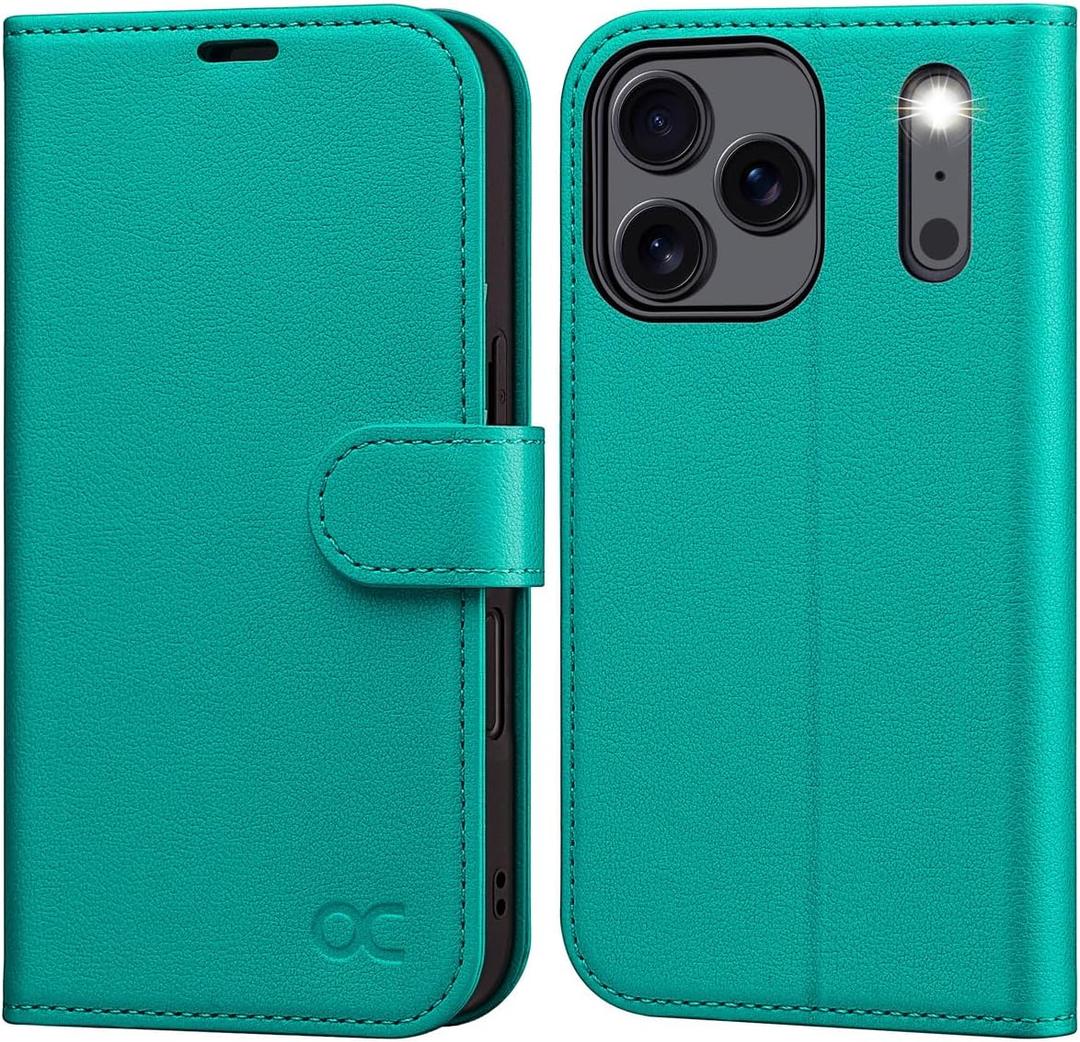 OCASE Compatible with iPhone 17 Pro Max Wallet Case, PU Leather Flip Folio Case with Card Holders RFID Blocking Kickstand [Shockproof TPU Inner Shell] Phone Cover 6.9 Inch 2025, Blue Green