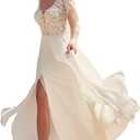 Dexinyuan Lace Boho Wedding Dress for Bride 2025 Chiffon Long Sleeve Bohemian Beach Bridal Gowns with Slit 14
