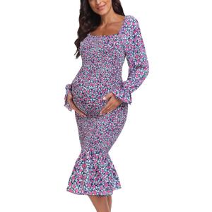 Spring Long Puff Sleeve Maternity Dress Floral Ruffle Hem Mermaid Baby Shower/Photoshoot Dress (M)