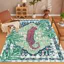 5x8 Washable Non-Slip Area Rug, Tropical Green Boho Vintage Jungle Tiger Rug, Soft Cozy Faux Cashmere Low Pile Animal Print Rug for Dining Room, Living Room, Bedroom, Easy to Clean Decorative Carpet