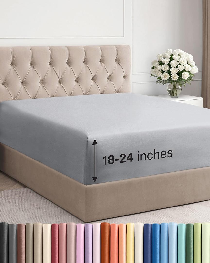 Extra Deep Queen Fitted Sheet - Hotel Luxury Single Fitted Sheet Only - Easily Fits 18 inch to 24 inch Mattress - Ultra Soft, Wrinkle & Fade Free w/Extra Deep Pocket - Breathable & Comfy - Steel Blue