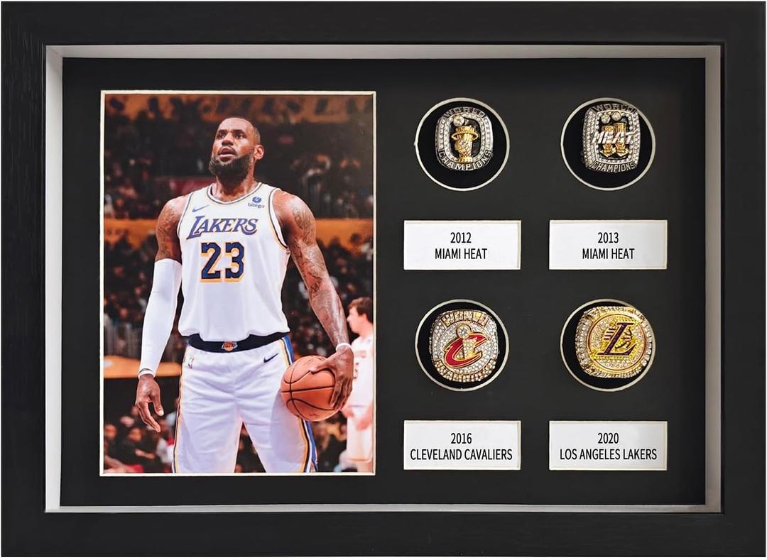Championship Ring Display Case,4 Ring Posts Sports Ring Display Case Wooden Shadow Box with a Real Glass Panel,witha5x7Photo Frame,for Baseball Basketball Football Softball Award Rings Fan Souvenirs