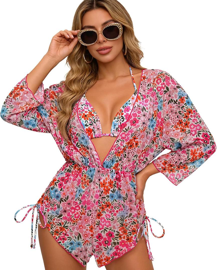 3 Piece Swimsuits for Women Tropical Floral Print Bathing Suit Sheer Mesh Cover Up Classic Bikini Set Summer Beach (Pink, L)