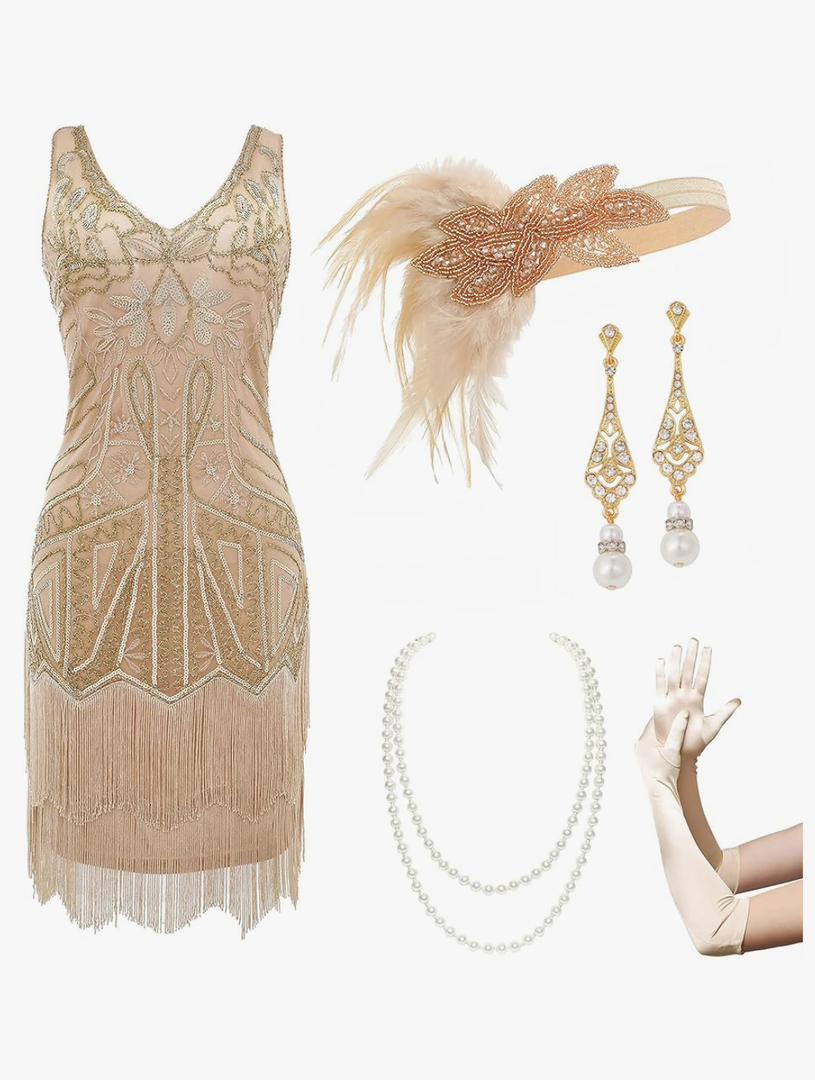 BABEYOND Women’s Flapper Dresses Set 1920s V Neck Beaded Fringed Great Gatsby Dress with Accessories Set S