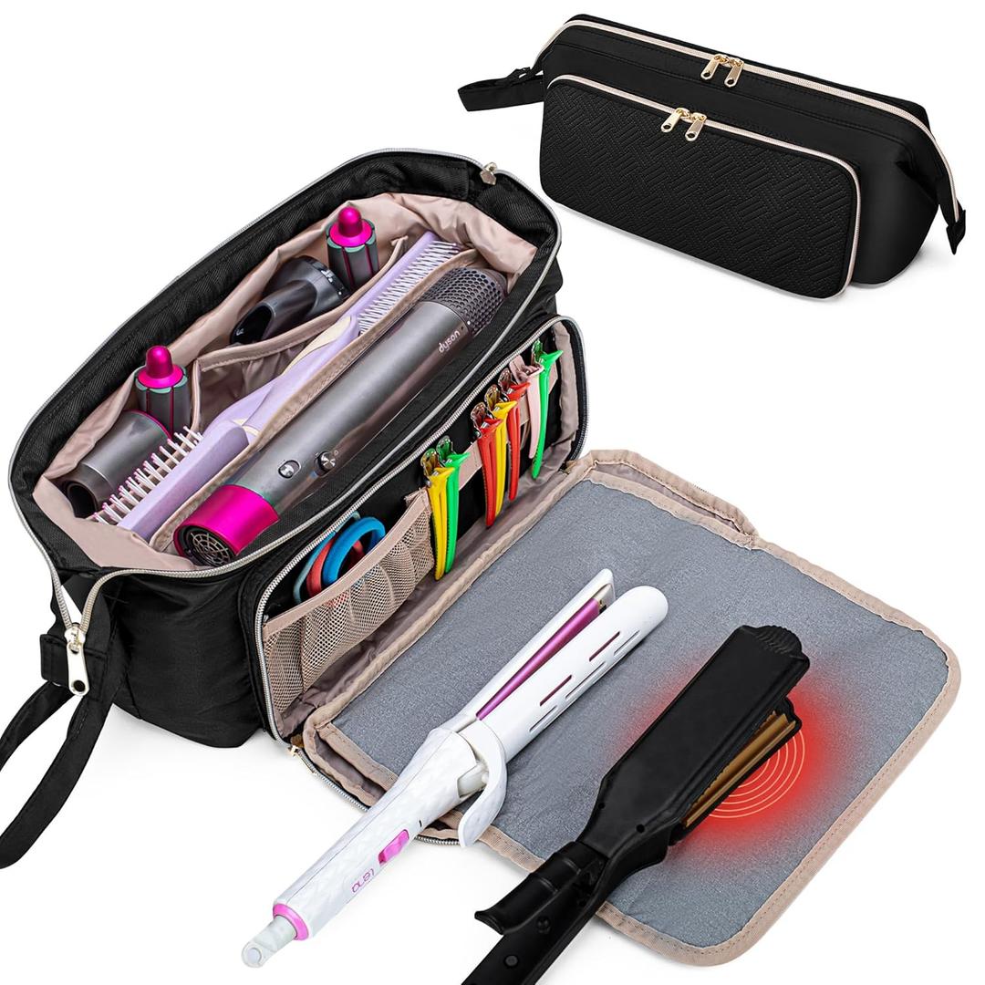 Fasrom Hair Tools Travel Bag With Heat Resistant Mat for Flat Iron, Curling Iron and Straightener, 2 in 1 Dryer Case to Organize Styling Tools, Black (Patent Design)