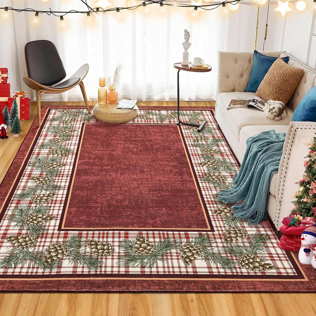 RUGSREAL Christmas Area Rug 8x10 Non Slip Washable Rug Pine Cones Area Rug Low Pile Ultra Thin Indoor Throw Carpet Rug for Laundry Dining Room, Red