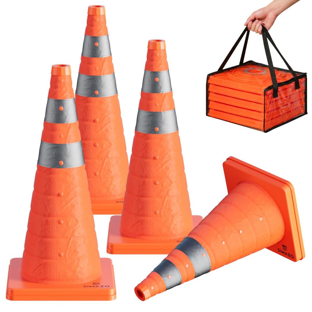 4 Pack 28 Inch Collapsible Traffic Safety Cones, Orange Pop Up Cones with Reflective Collar, Multi Purpose Road Cones for Road Safety, Parking Lot, Driving and Sport Training