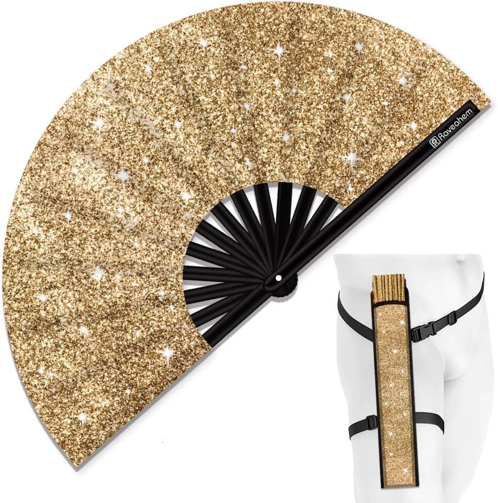Glitter Large Rave Folding Clack Hand Fan with Holster, Popping Handheld Fan Foldable for Men Women for EDM Festival Club Party Dance, (Champagne, Large 13")