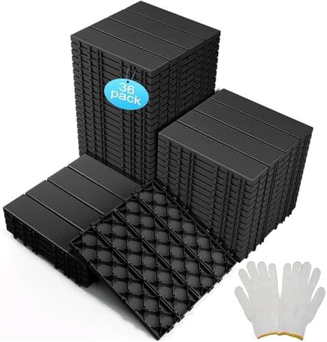 36 sq. ft Plastic Interlocking Deck Tiles, 36 Pack Patio Deck Tiles Waterproof Outdoor Flooring 12" x 12"All Weather Uses for Porch Poolside Balcony Backyard Pathway, Charcoal Gray
