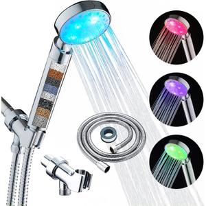 KAIREY Filtered Led Shower Head for Hard Water 7 Color Light Change Automatically Handheld Showerhead Polished Chrome with 60 Inches Stainless Steel Hose and Adjustable Bracket Filter Shower Head