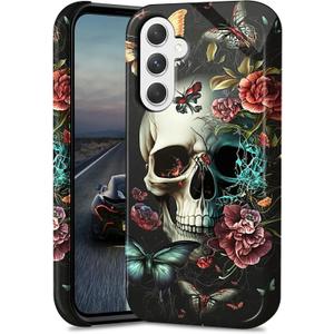 Butterfly Skull Flower Phone Case for Samsung Galaxy A16 5G 6.7" Dual Layer Hybrid Hard PC & Silicone Protective Design Heavy Duty Shockproof Protective Cover for Samsung A16 5G