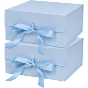 WRAPAHOLIC 2Pcs Blue Gift Box with Satin Ribbon, 8x8x4 Inches Collapsible Gift Box with Magnetic Closure for Party, Wedding, Gift Wrap, Bridesmaid Proposal, Storage (1 Count (Pack of 2))