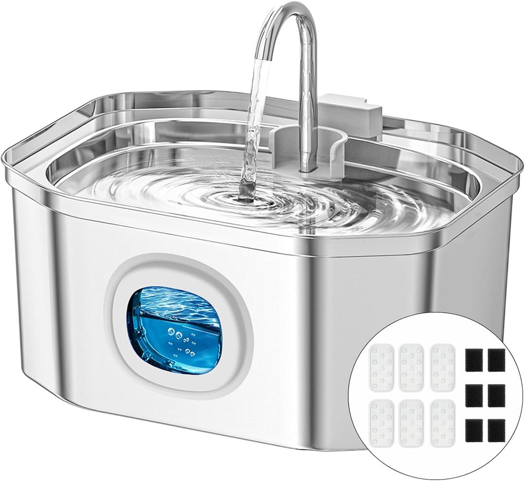 Apauk Stainless Steel Cat Water Fountain 3.2L Cat Water Fountain, Silent Cat Fountain, LED Window, Easy to Clean, Small Dog Water Fountain (Pack of 6 Sponges and Filters)