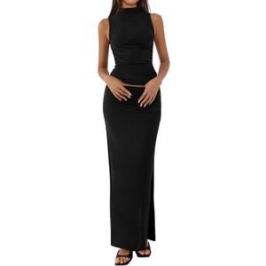 BTFBM Womens Two Piece Outfits Summer Lightweight 2026 Mock Neck Sleeveless Knit Tops Maxi Skirt Set Going Out Dress (Black, L)