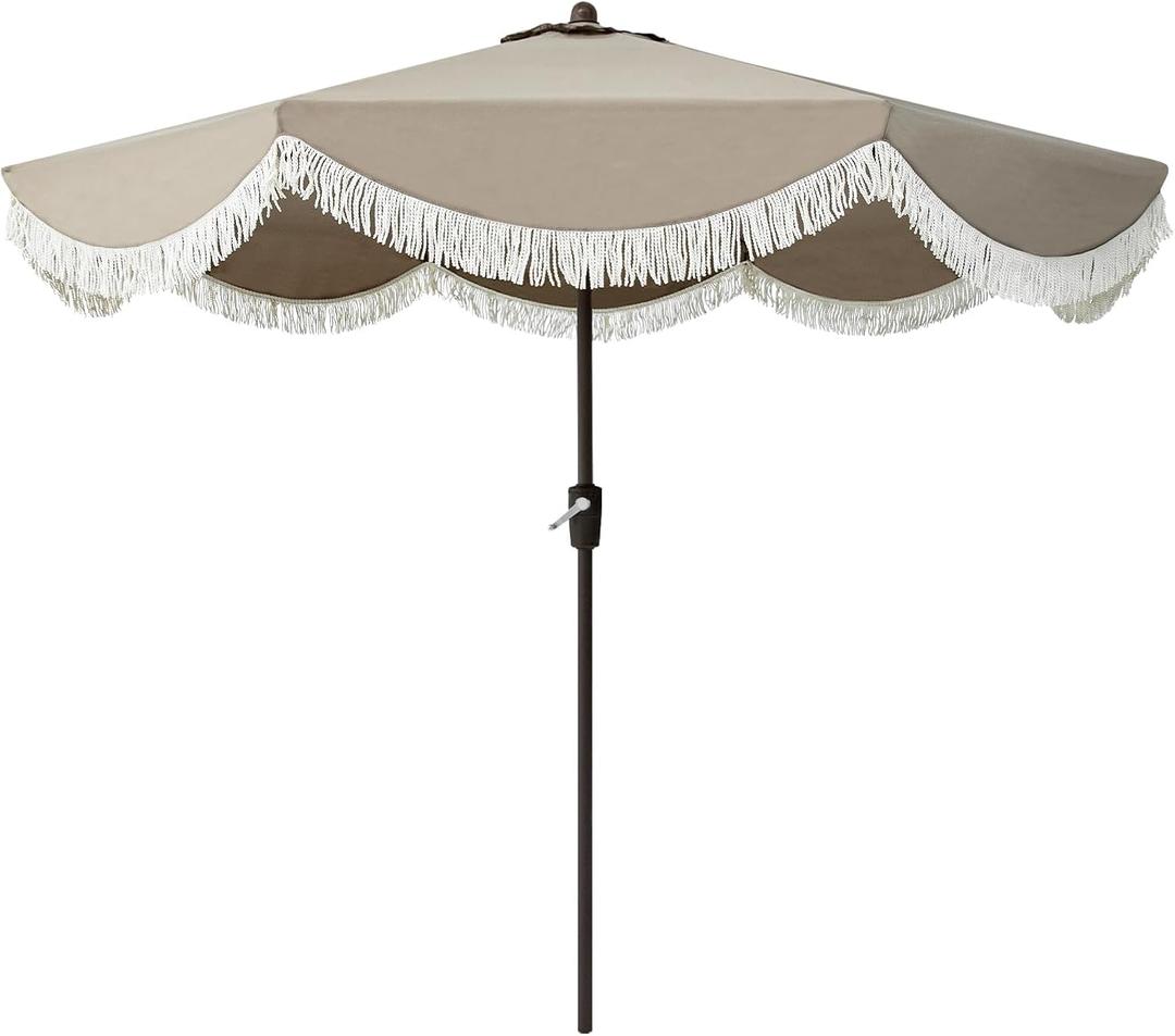 Tempera 9ft Auto Tilt Scalloped Patio Umbrellas with Fringe, Outdoor Table Umbrellas with Fade Resistant Canopy, 8 Sturdy Rids, Luxurious Vintage Umbrellas for Lawn, Pool, Deck, Balcony