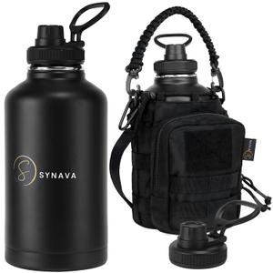 64 Oz Water Bottle with Sleeve - Half Gallon Big Insulated Water Jug with Strap Stainless Steel Gym Water Bottles for Men Sports Workout Hiking & Travel (Black)