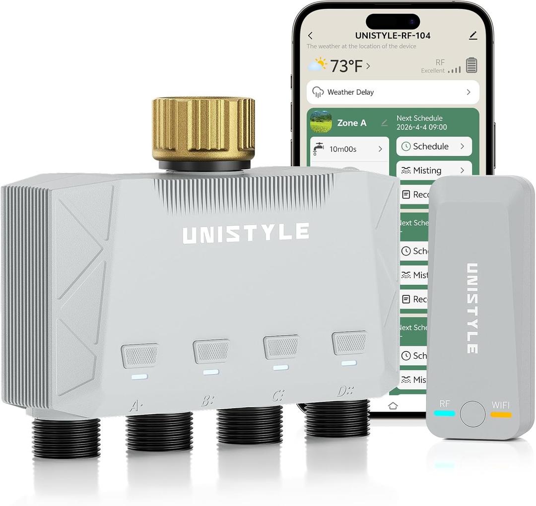 [All-New 2027] 1700FT WiFi 4 Zone Water Timer for Garden Hose with Brass Inlet, Unistyle Smart Sprinkler Controller Compatible Alexa & Google Voice, WiFi Hose Timer, Auto Manual Modes for Garden Lawn
