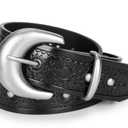 XuoAz Women Leather Belt for Jeans Pants Western Cowboy Cowgirl Belt Embossed Floral Country Belts with Gold Buckle (Black)