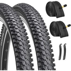 Hycline 2-Pack Mountain Bike Tires Set: 20/24/26/27.5-inch Folding Replacement Puncture-Resistant Bicycle Tires and Pair 20/24/26/27.5-inch Inner Tubes with Tire Levers for MTB Off-Road Bike