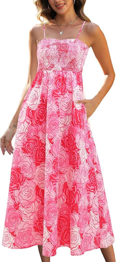 Gardenwed Women's Floral Print Maxi Dress,Spaghetti Strap Smocked Bodice A-Line Sundress with Pockets (Pink, M)
