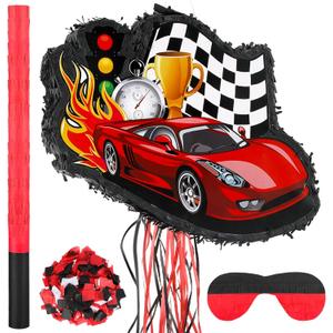 Seematn Race Car Piata Bundle with a Blindfold, Bat and Confetti Birthday Party Supplies Small Racing Piata for Kids Boy Construction Party Favors Decor
