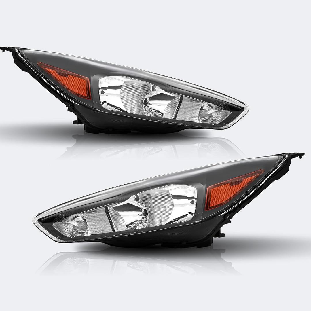 Headlights Assembly Compatible with 2015 2016 2017 2018 Ford Focus Headlamp Replacement Black Housing Amber Reflector Pair