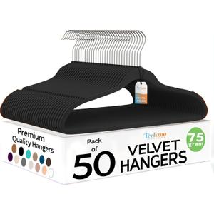 Techzoo 50 Pack New Premium Quality Velvet Hangers Ultra Thin Non Slip Adult Felt Space Saving Hangers for Closet Heavy Duty Coat Pants Jackets Dress Hangers 360 Swivel Hook Hold Upto 10 lbs Black